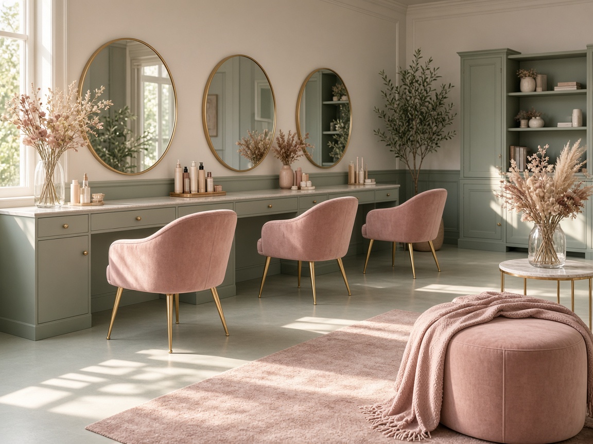 Salon interior in blush and sage